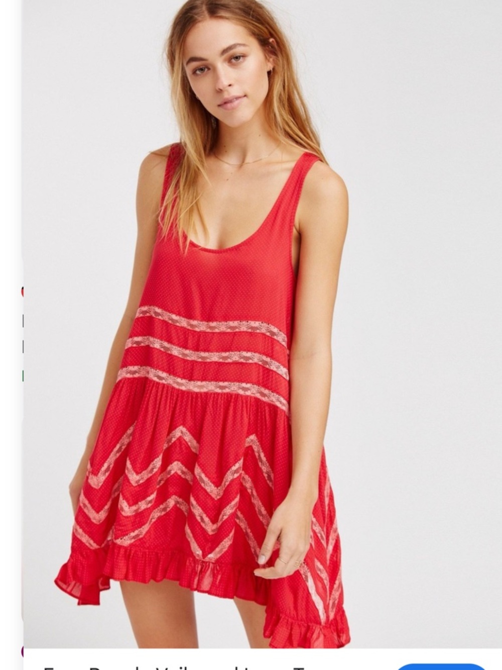 Free People Bright Red Sleeveless Mini Dress with Lace Stripes M